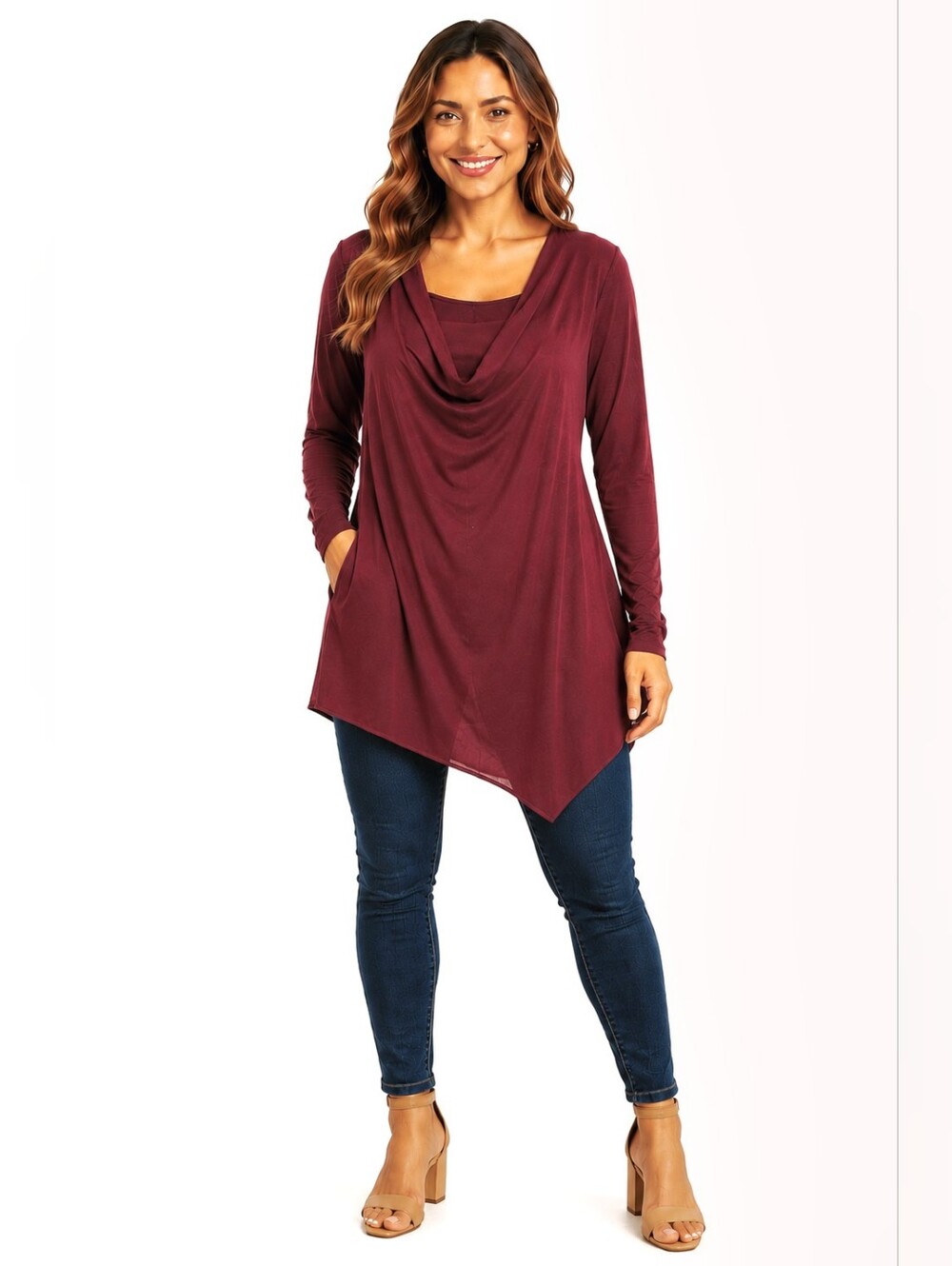 Lisa Rinna Maroon Asymmetrical Cowl Neck Top, Size XL